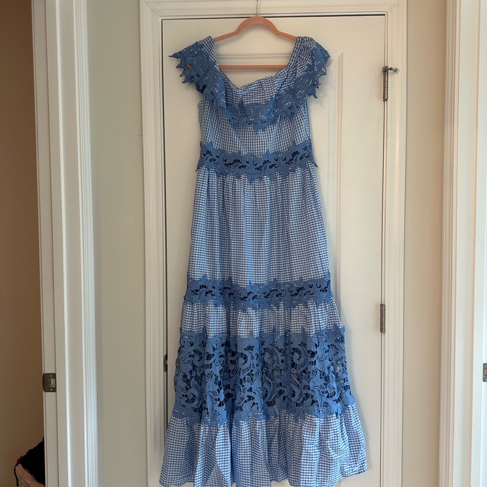 NWOT -Blue Gingham Lace Trim Dress